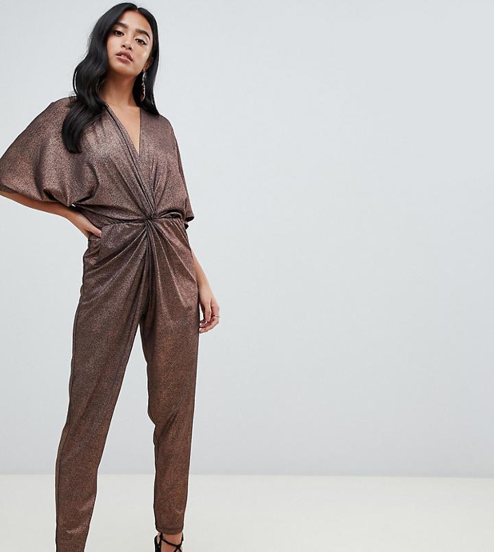John Zack Petite Knot Front Jumpsuit In Copper-gold