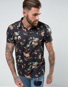 Asos Relaxed Polo With Revere Collar And Floral Print - Black