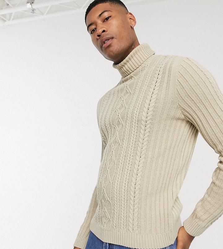 Asos Design Tall Knitted Cable Knit Roll Neck Sweater In Oatmeal-beige