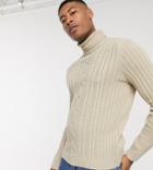 Asos Design Tall Knitted Cable Knit Roll Neck Sweater In Oatmeal-beige