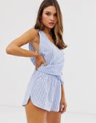 Asos Design Seersucker Check Pyjama Short Set With Bow Ties In 100% Modal - Blue