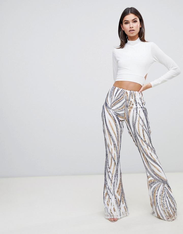 Club L Embellished Wide Leg Pants In White Multi - Multi