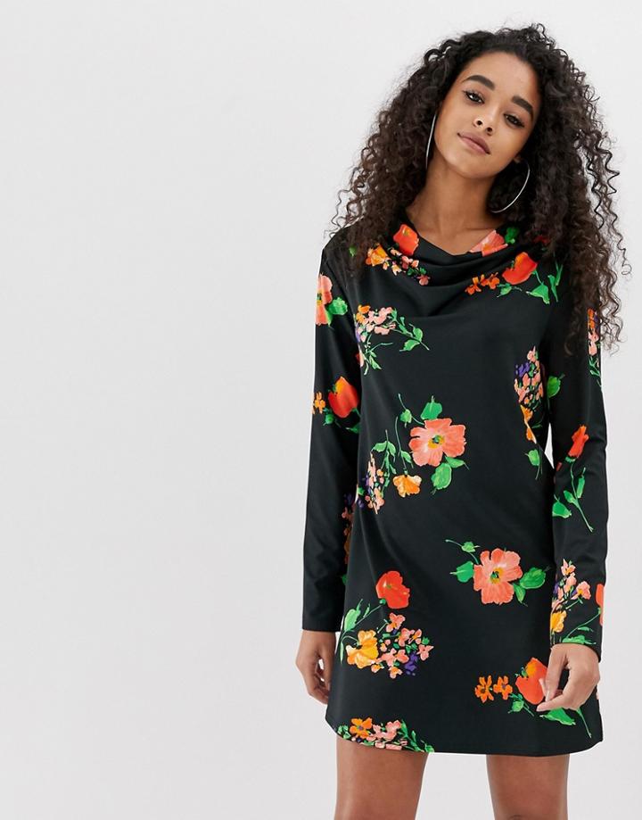 Asos Design Long Sleeve Cowl Shift Dress In Pansy Print - Multi