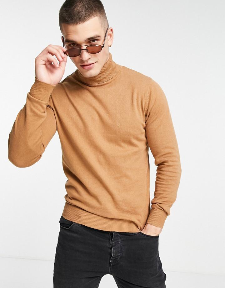 Threadbare Cotton Roll Neck Sweater In Camel-neutral