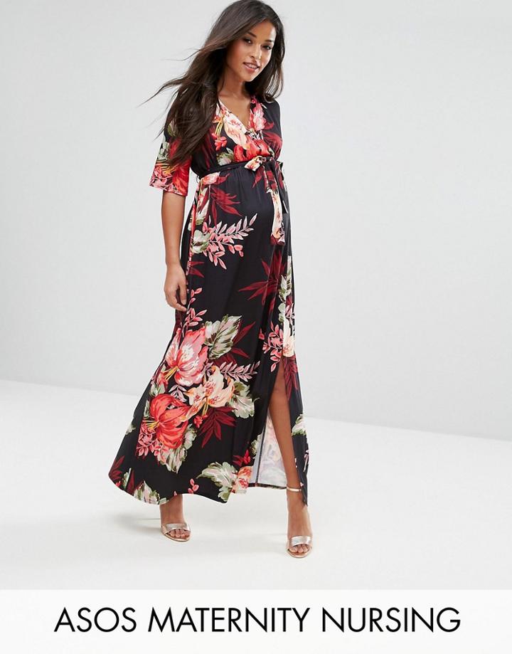 Asos Maternity Nursing Wrap Maxi Dress In Dark Floral - Black