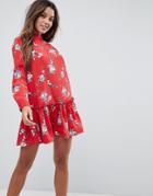 Asos Design Smock Mini Dress With Pep Hem In Red Floral - Multi
