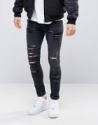 Asos Super Skinny Jeans In 12.5oz With Mega Rips In Washed Black - Black