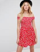 Asos Shirred Off Shoulder Mini Sundress In Red Floral Print - Multi
