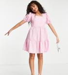 Influence Petite Puff Sleeve Mini Dress With Tie Back In Pink Floral