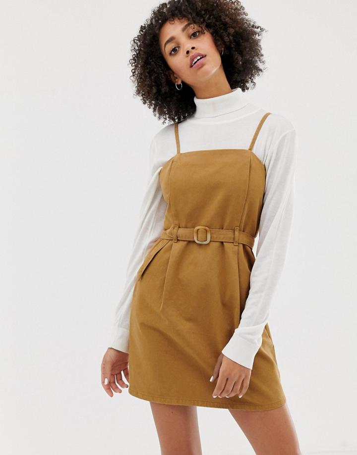 Asos Design Denim Strappy Dress With Belt In Toffee - Tan