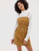 Asos Design Denim Strappy Dress With Belt In Toffee - Tan