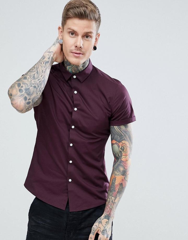 Asos Slim Short Sleeve Shirt In Burgundy - Red