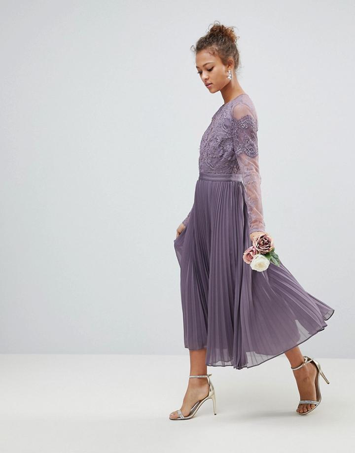Asos Bridesmaid Long Sleeve Lace Pleated Midi Dress - Purple