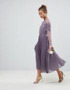 Asos Bridesmaid Long Sleeve Lace Pleated Midi Dress - Purple
