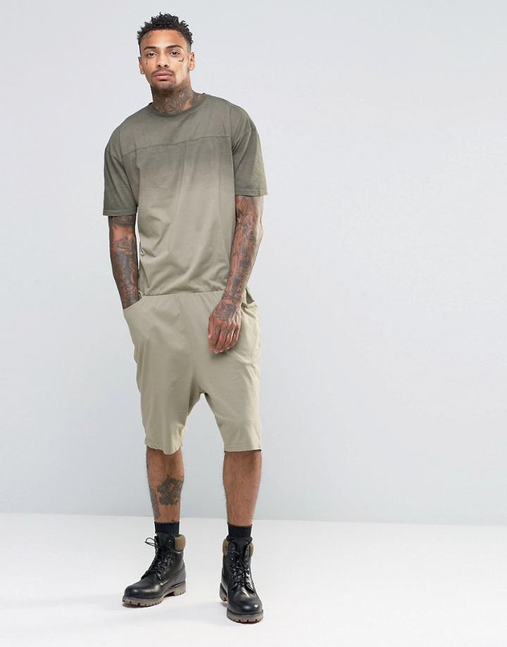 Asos Drop Crotch Jersey Jumpsuit In Dip Dye Khaki - Light Khaki
