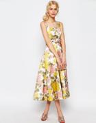 Asos Bow Front Midi Prom Dress In Yellow And Pink Florals - Multi