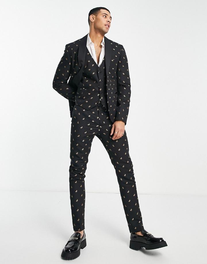 Bolongaro Trevor Skinny Fit All Over Bee Embroidered Suit Pants-black