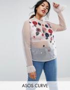Asos Curve Top In Mesh With Floral Embroidery - Purple