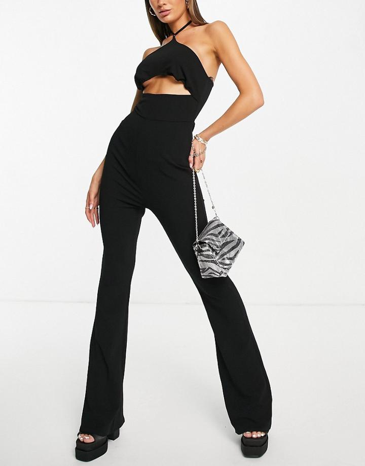 Public Desire Halterneck Flared Jumpsuit In Washed Black