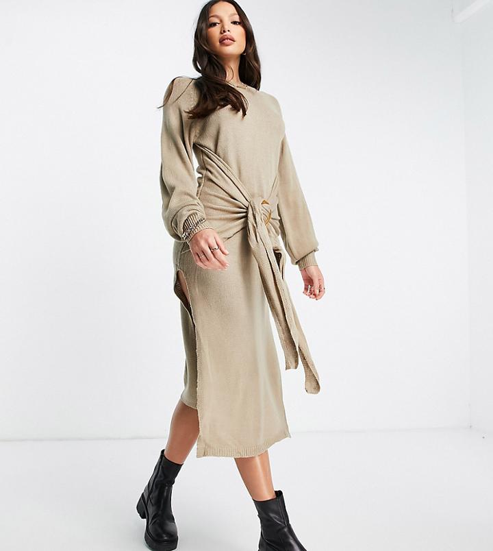 In The Style Tall X Lorna Luxe Slit Front Belt Detail Midi Dress In Stone-neutral