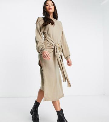 In The Style Tall X Lorna Luxe Slit Front Belt Detail Midi Dress In Stone-neutral