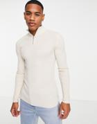 Asos Design Knitted Muscle Fit Rib Half Zip Sweater In Oatmeal-neutral