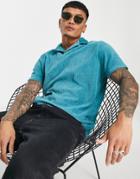 Asos Design Relaxed Revere Polo T-shirt In Blue Ribbed Velour