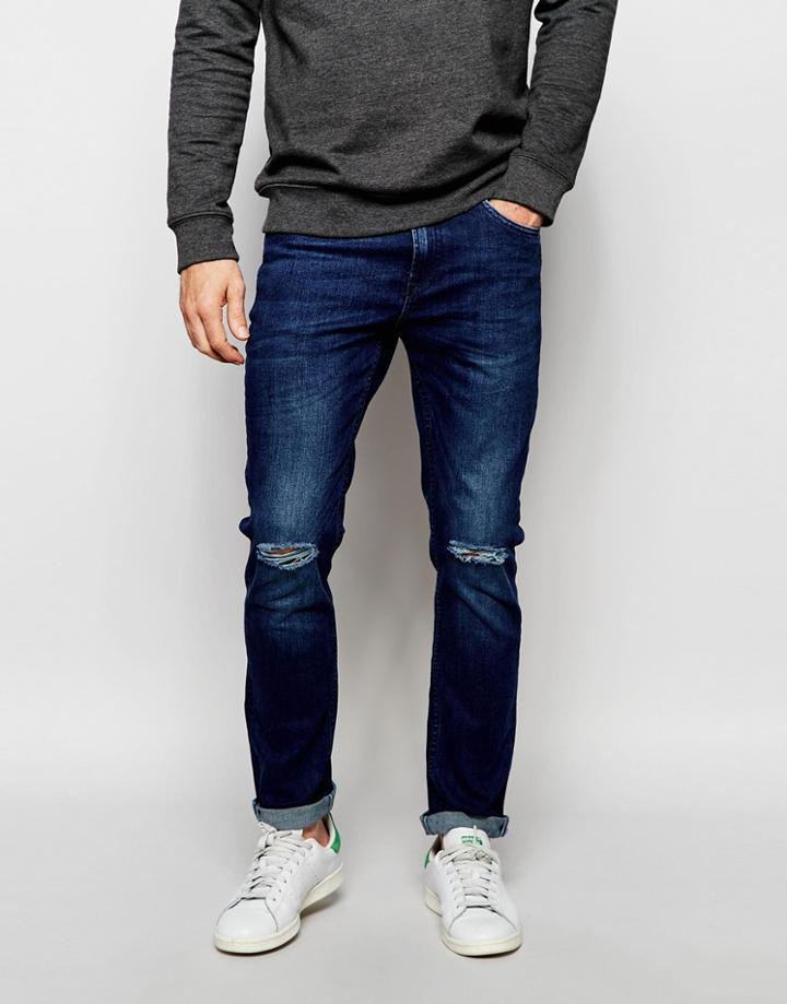 Produkt Mid Wash Jeans With Rips In Skinny Fit - Dark Blue
