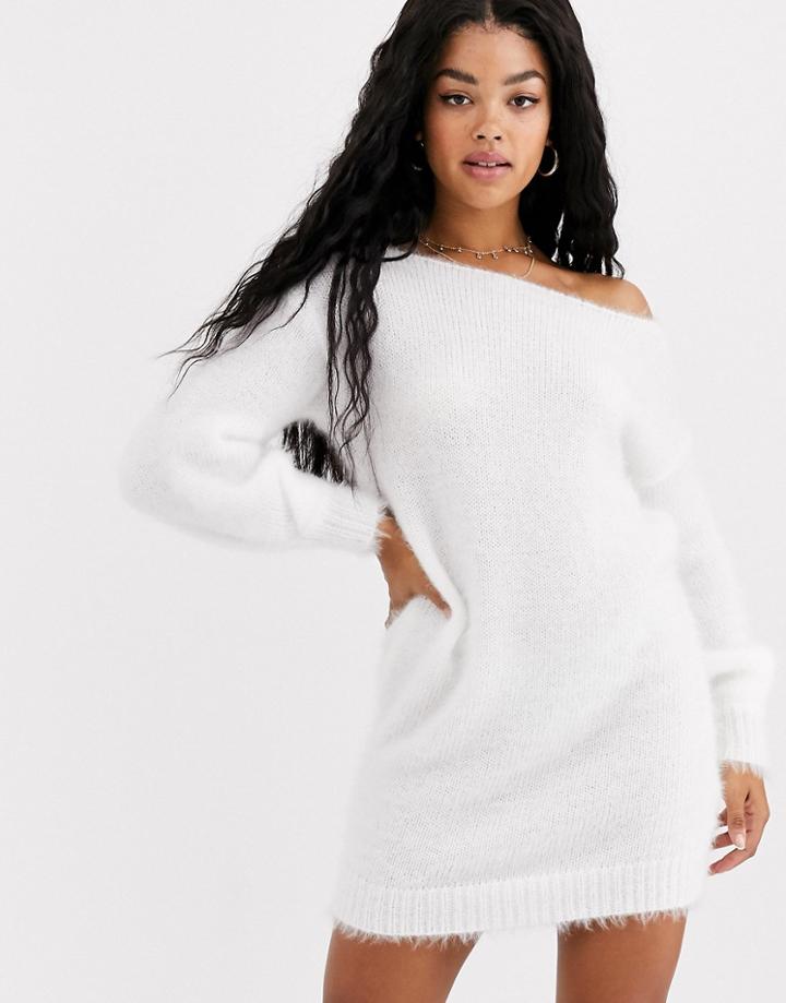Asos Design Fluffy Off Shoulder Mini Dress-cream