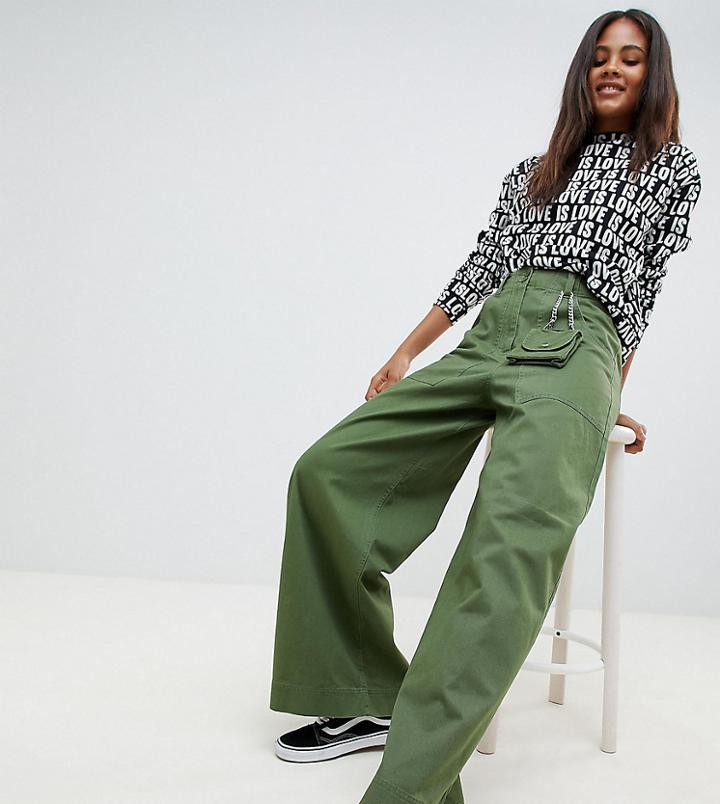 Asos Design Tall Wide Leg Pants With Detachable Bag In Khaki - Green