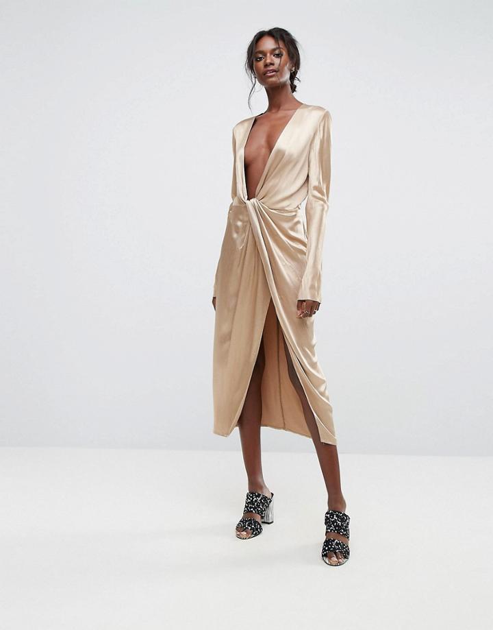 Bec & Bridge Plunge Neck Dress With Twist Front - Gold