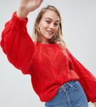 Brave Soul Petite Macrame Chunky Cable Knit Sweater With Wide Sleeves - Red