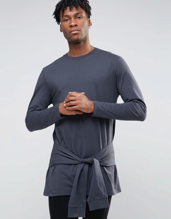 Asos Longline Long Sleeve T-shirt With Tie Waist - Black