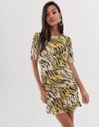 Asos Design Ruched Side Mini Dress In Natural Tiger Print-multi