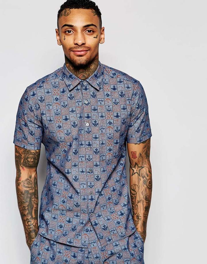 Vivienne Westwood Anglomania Short Sleeve Shirt In All Over Print - Blue