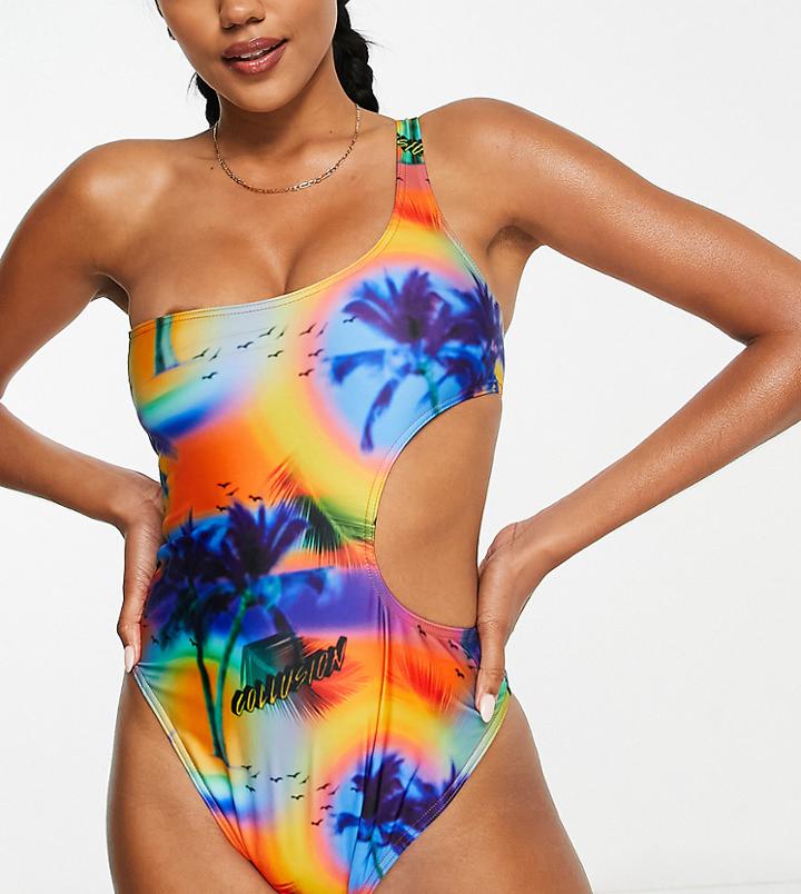 Collusion Palm Print Cut Out One Shoulder Swimsuit In Multi - Multi