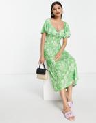 Asos Design Flutter Sleeve Midi Tea Dress With Tie Detail In Green Floral-multi