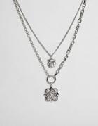Asos Design Multirow Necklace With Oversized Antique Vintage Style Charm - Silver