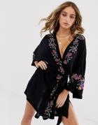 Asos Design Wrap Front Beach Cover Up With Floral Embroidery Print & Tassel Back-black