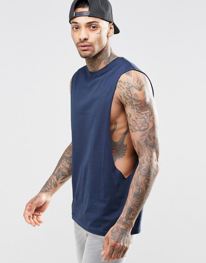 Asos Sleeveless T-shirt With Extreme Dropped Armhole In Navy - Navy