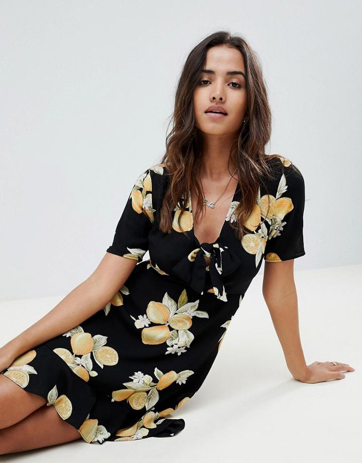 Asos Design Ultimate Lemon Print Mini Skater Dress With Tie - Black