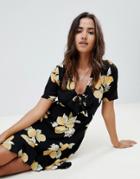 Asos Design Ultimate Lemon Print Mini Skater Dress With Tie - Black