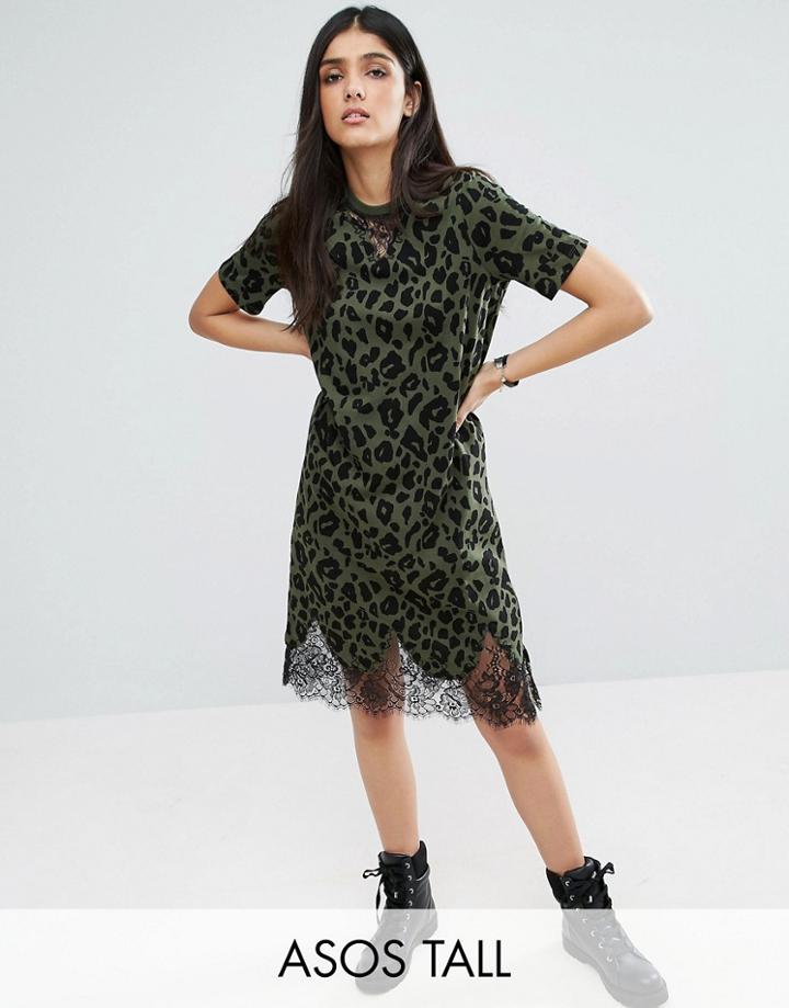 Asos Tall T-shirt Dress With Lace Inserts In Leopard Print - Multi
