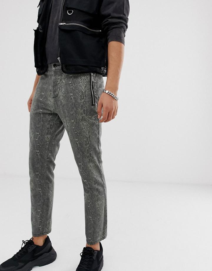 Asos Design Skinny Cropped Pants In Snakeskin With Zip Pockets - Green