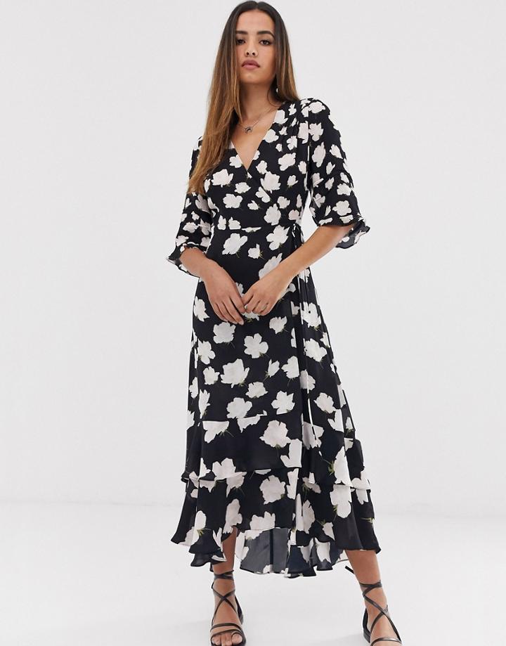 Allsaints Delana Caro Floral Print Wrap Maxi Dress-black