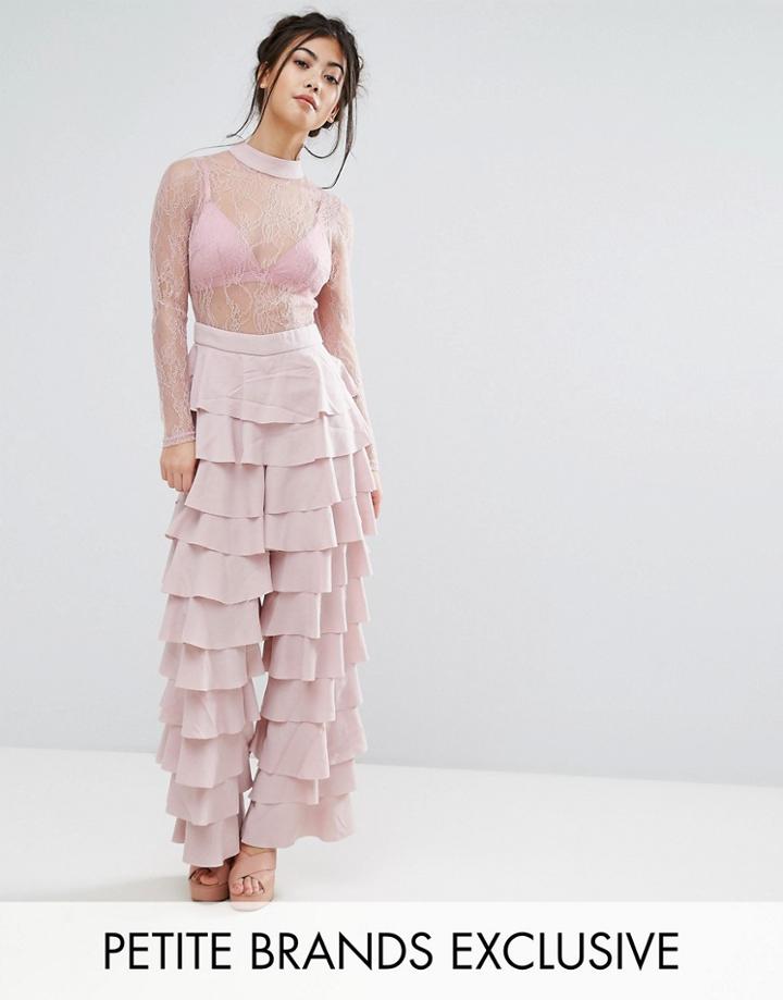 True Decadence Petite Lace Top Jumpsuit With Ruffle Detail - Pink