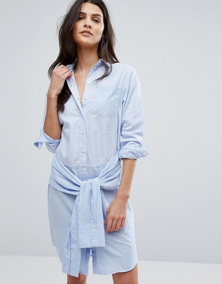 Warehouse Tie Waist Mixed Fabric Shirt Dress - Blue