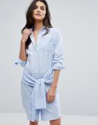 Warehouse Tie Waist Mixed Fabric Shirt Dress - Blue