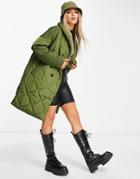 Violet Romance Quilted Double Breasted Coat In Khaki-green