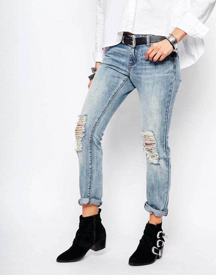 Noisy May Cropped Straight Jeans With Ripped Knees - Blue